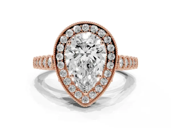Pear Cut Halo Milgrain Solitaire with Bezel Set Side Stones and Pave Band Rose gold