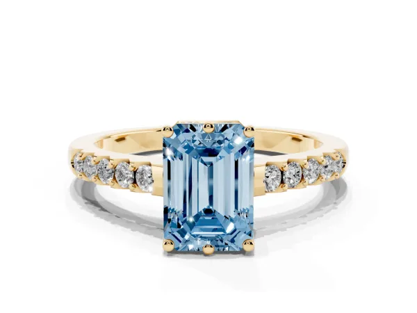 Fancy Blue Emerald Cut Solitaire Diamond Engagement Ring with Pavé Band and Six-Prong Setting Yellow gold