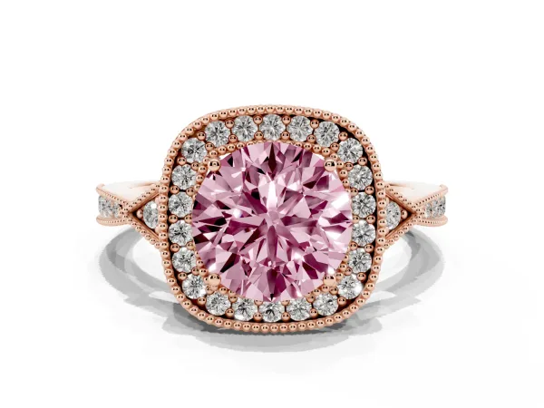Fancy Pink Round Cut Halo Round Diamond Milgrain Pave Engagement Ring Rose gold