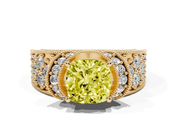 Fancy Yellow Cushion Cut Halo Pave Diamond Engagement Ring with Milgrain Detailing Yellow gold