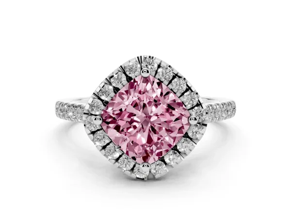 Fancy Pink Cushion Cut Diamond Cushion Halo Ring with Pavé Band Platinum