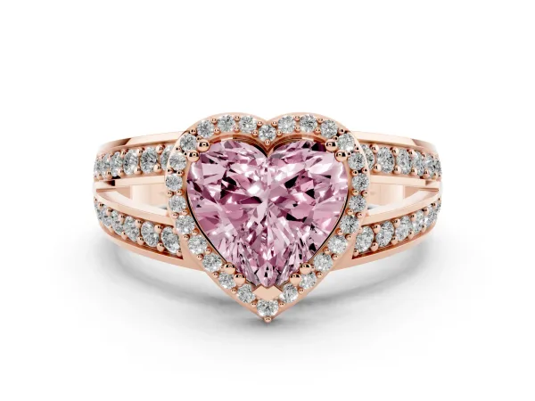 Fancy Pink Heart Cut Diamond Halo Ring with Split Shank Pavé Band and Four-Prong Setting Rose gold