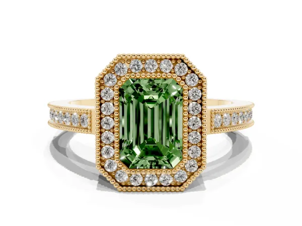 Fancy Green Emerald Cut Cut Halo Diamond Ring with Pavé Band and Milgrain Prong Setting Yellow gold