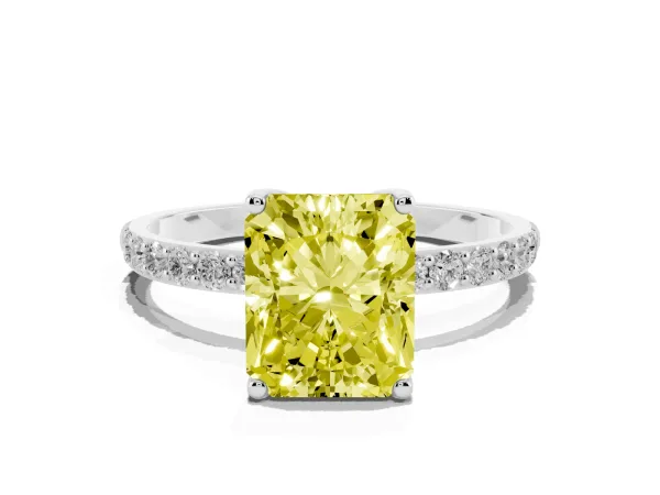 Fancy Yellow Radiant Cut Diamond Solitaire Engagement Ring with Round Pavé Band and Prong Setting White gold