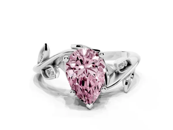Fancy Pink Pear Cut Solitaire Twist Engagement Ring with Leaf Accents and Prong Setting White gold