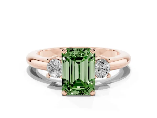 Fancy Green Three-Stone Emerald Cut Cut Diamond Solitaire with Prong Setting and Classic Band Rose gold