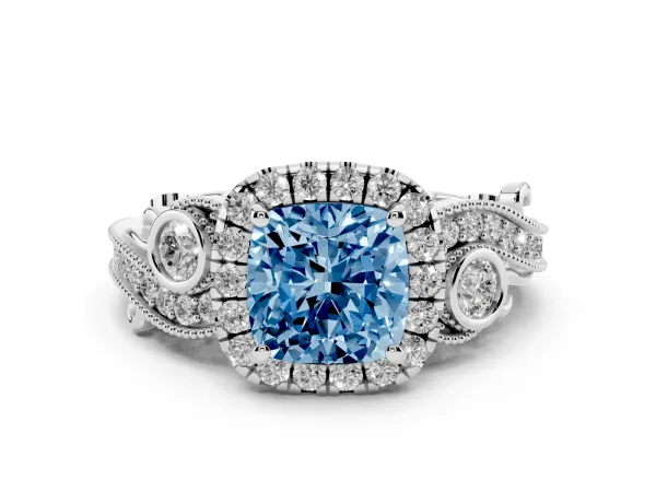 Fancy Blue Cushion Cut Halo Diamond Ring with Milgrain and Bezel Accents on a Split Shank Band White gold