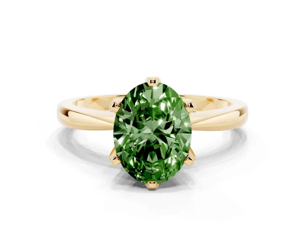 Fancy Green Oval Cut Solitaire Engagement Ring with Six-Prong Setting and Tapered Band Yellow gold