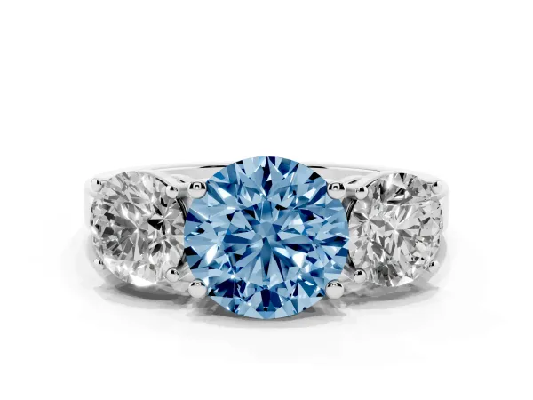 Fancy Blue Three-Stone Round Cut Cut Diamond Engagement Ring with Flat Band and Four-Prong Setting Platinum