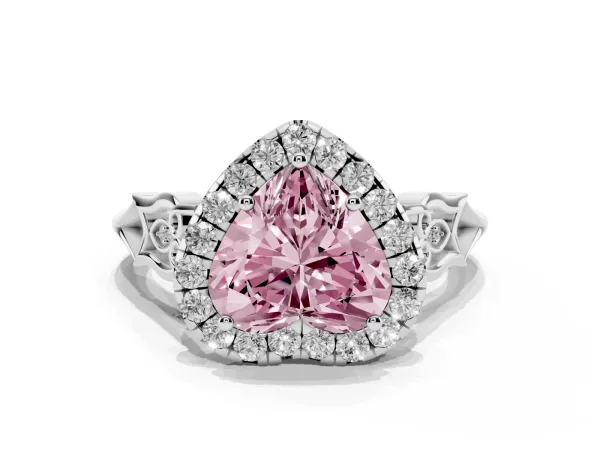 Fancy Pink Heart Cut Halo Diamond Engagement Ring with Filigree Band and Four-Prong Setting White gold