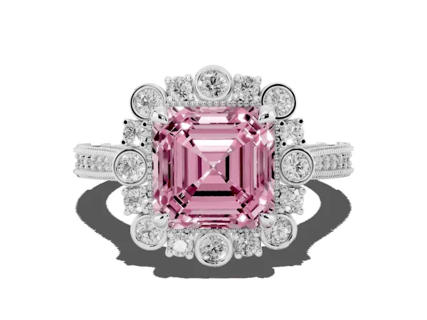 Fancy Pink Asscher Cut Halo Milgrain Pave Diamond Ring with Four-Prong Setting White gold