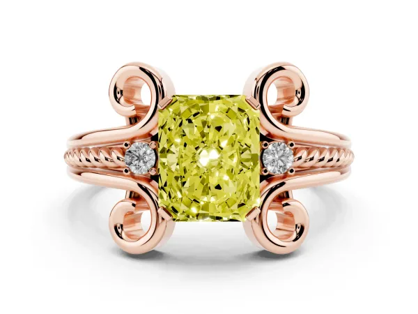 Fancy Yellow Radiant Cut Solitaire Twisted Band Scroll Prong Ring Rose gold