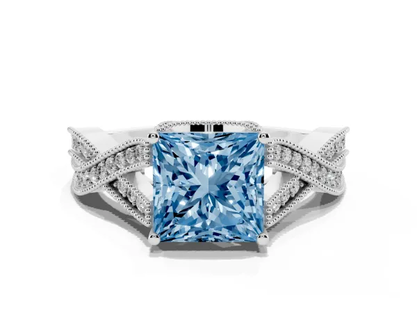 Fancy Blue Princess Cut Cut Diamond Twisted Band with Milgrain Pave Setting and Four-Prong Setting Platinum