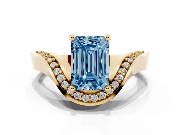 Fancy Blue Emerald Cut Solitaire Diamond Engagement Ring with Pave Band and Four-Prong Setting Yellow gold