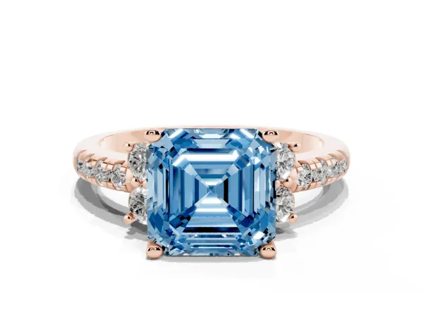 Fancy Blue Asscher Cut Diamond Three-Stone Pave Band with Four-Prong Setting Rose gold