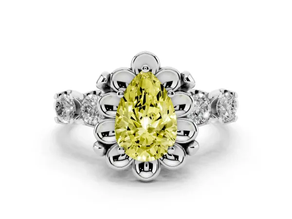 Fancy Yellow Pear Cut Cut Diamond Floral Halo Engagement Ring with Shared Prong Setting White gold