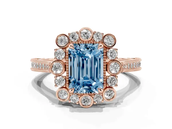 Fancy Blue Emerald Cut Halo Milgrain Pave Diamond Ring with Four-Prong Setting Rose gold