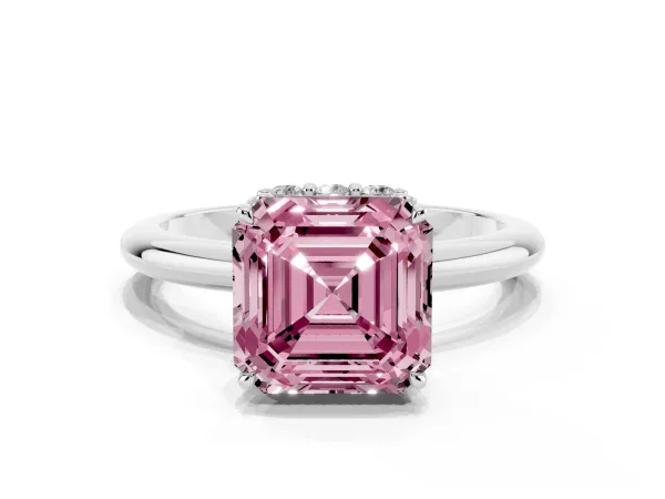 Fancy Pink Asscher Cut Brilliant Solitaire Engagement Ring with Six-Prong Setting and Classic Band Platinum