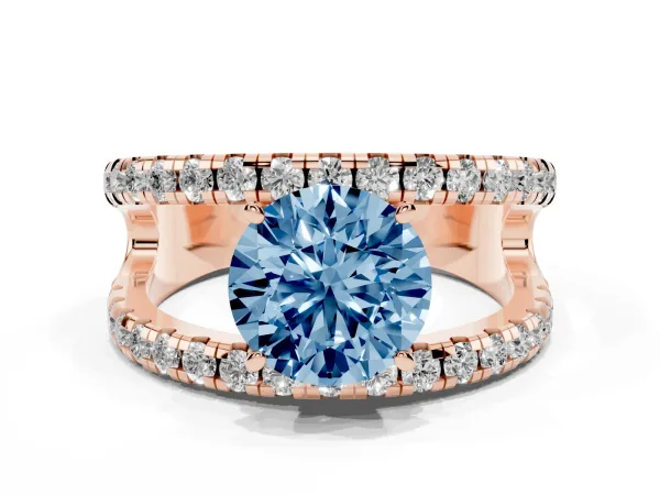 Fancy Blue Round Cut Solitaire Split Shank Pave Diamond Ring Rose gold