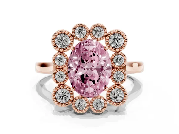 Fancy Pink Oval Cut Halo Diamond Cluster Engagement Ring with Milgrain Bezel Setting and Solitaire Band Rose gold