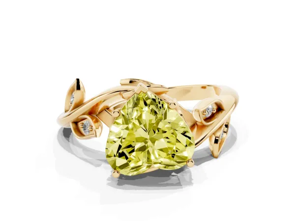 Fancy Yellow Heart Cut Solitaire Twist Engagement Ring with Leaf Accents and Prong Setting Yellow gold