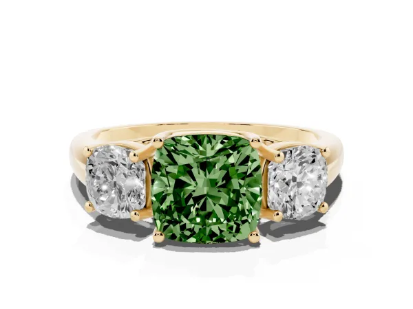 Fancy Green Three-Stone Cushion Cut Diamond Engagement Ring with Prong Setting Yellow gold