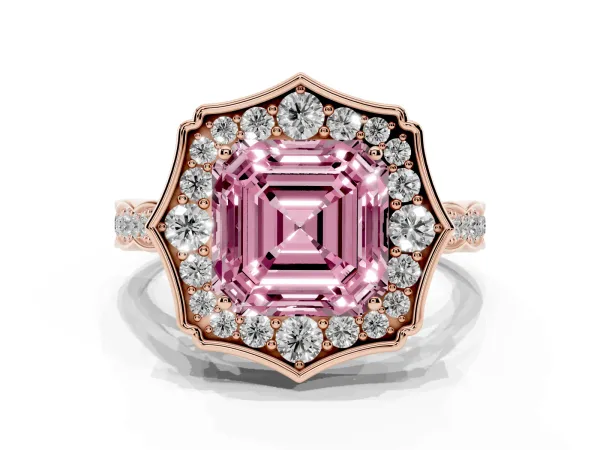 Fancy Pink Asscher Cut Halo Diamond Engagement Ring with Milgrain Band and Four-Prong Setting Rose gold