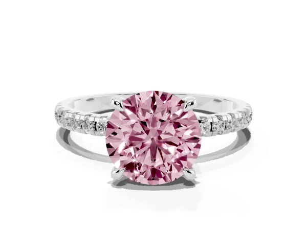 Fancy Pink Round Cut Diamond Brilliant Solitaire Ring with Pavé Band and Four-Prong Setting Platinum