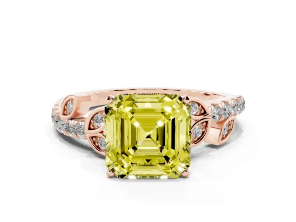 Fancy Yellow Asscher Cut Solitaire Leaf-Inspired Diamond Ring with Pavé Band and Four-Prong Setting Rose gold