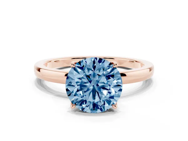 Fancy Blue Round Cut Diamond Solitaire Ring with Thin Band and Prong Setting Rose gold