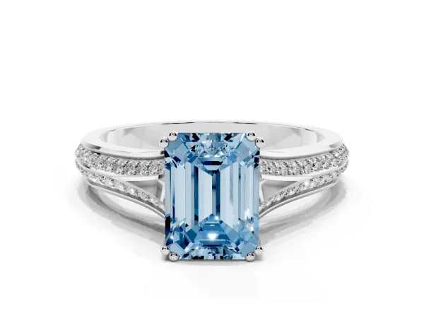 Fancy Blue Emerald Cut Diamond Split Shank Engagement Ring with Pavé Band Platinum