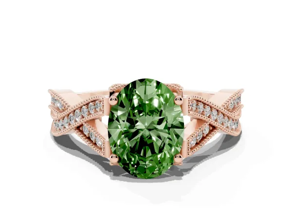 Fancy Green Oval Cut Cut Diamond Twisted Band with Milgrain Pave Setting and Four-Prong Setting Rose gold