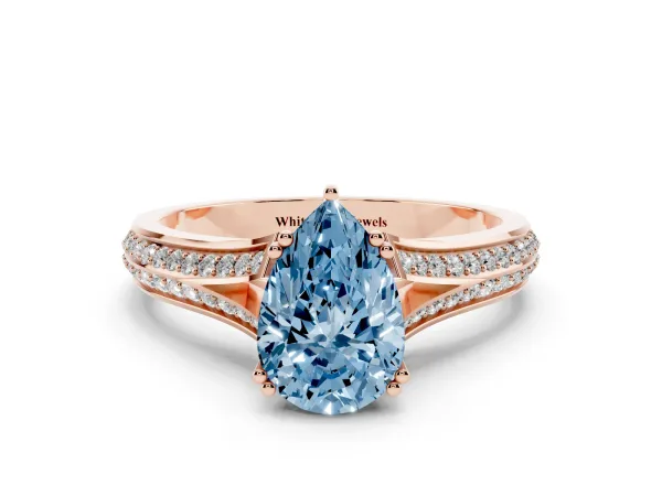 Fancy Blue Pear Cut Diamond Split Shank Engagement Ring with Pavé Band Rose gold
