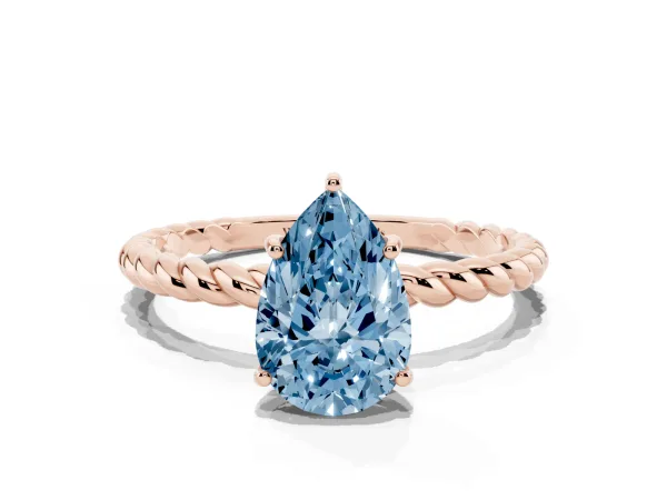 Fancy Blue Pear Cut Solitaire Twist Band Ring with Four-Prong Setting Rose gold