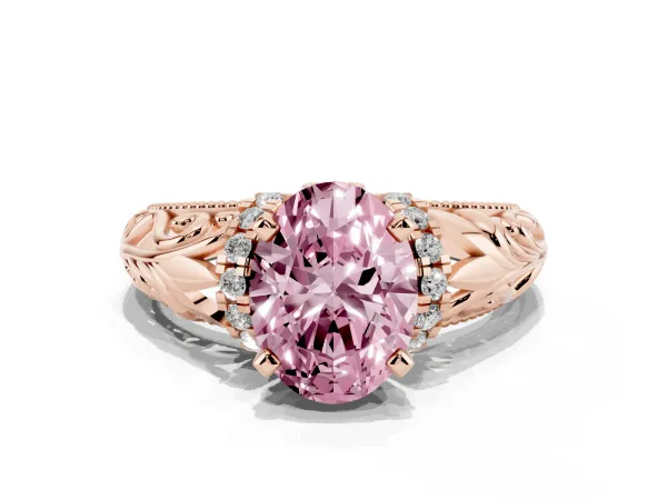 Fancy Pink Oval Cut Solitaire Filigree Engagement Ring with Halo and Prong Setting Rose gold