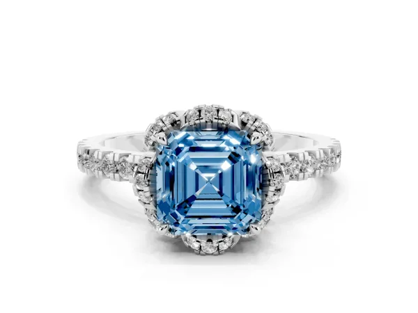 Fancy Blue Asscher Cut Diamond Halo Pave Band with Four-Prong Setting White gold