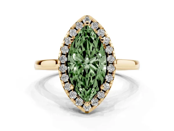 Fancy Green Marquise Cut Halo Round Diamond Solitaire Ring with Pavé Band and Four-Prong Setting Yellow gold