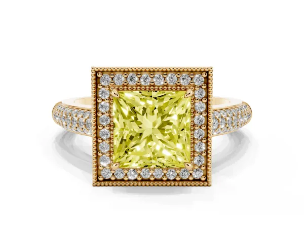 Fancy Yellow Princess Cut Cut Halo Diamond Pave Band with Four-Prong Setting Yellow gold