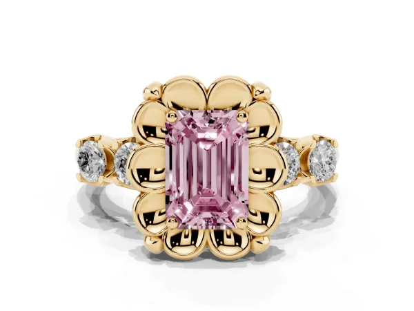 Fancy Pink Emerald Cut Cut Diamond Floral Halo Engagement Ring with Shared Prong Setting Yellow gold