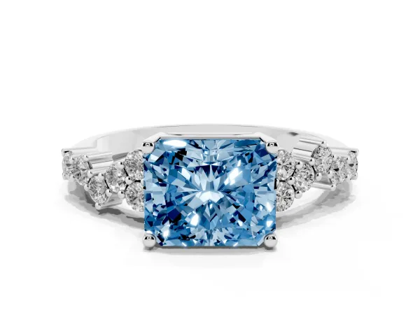 Fancy Blue Radiant Cut Diamond Scattered Round Accent Ring with Prong Setting White gold