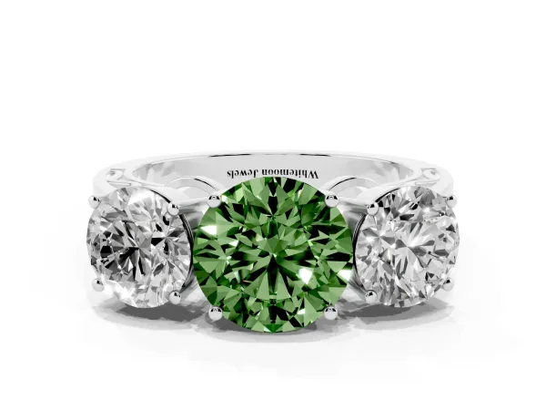 Fancy Green Round Cut Diamond Three-Stone Ring with Prong Setting and Textured Band White gold