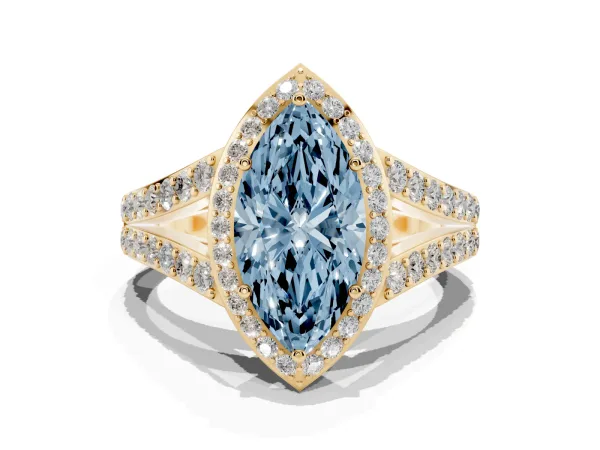 Fancy Blue Marquise Cut Diamond Split Shank Halo Ring with Four-Prong Setting Yellow gold