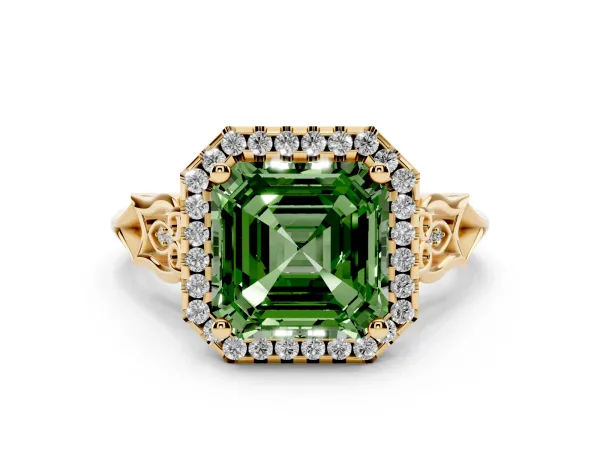Fancy Green Asscher Cut Halo Diamond Engagement Ring with Filigree Band and Four-Prong Setting Yellow gold