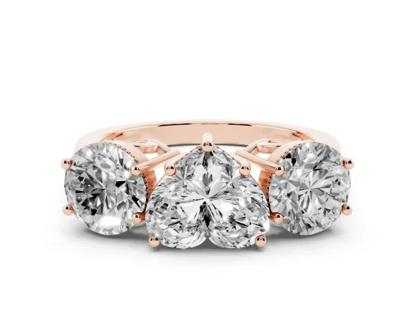 Three-Stone Heart Cut Diamond Engagement Ring with Prong Setting on a Classic Band Rose gold