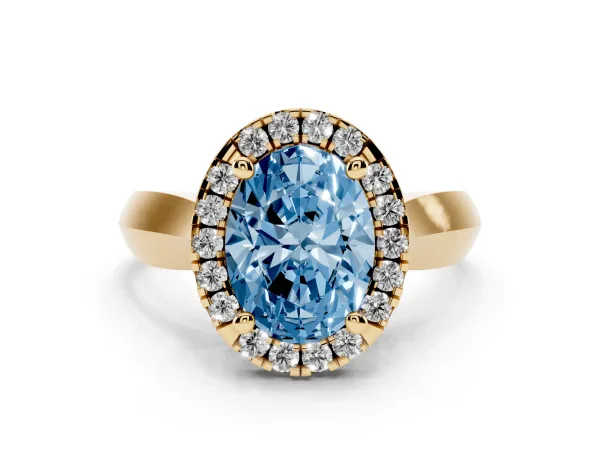 Fancy Blue Oval Cut Cut Halo Solitaire Engagement Ring with Square Band and Four-Prong Setting Yellow gold