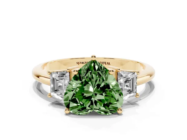 Fancy Green Heart Cut Diamond Three-Stone Ring with Trapezoid Side Stones and Prong Setting Yellow gold