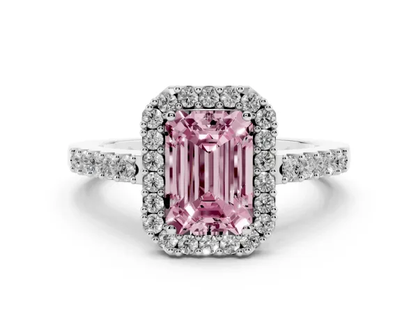 Fancy Pink Emerald Cut Halo Diamond Pavé Solitaire Ring Platinum