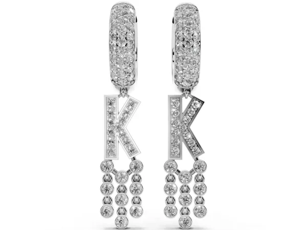Round Diamond Initial K Huggie Hoop Earrings Platinum