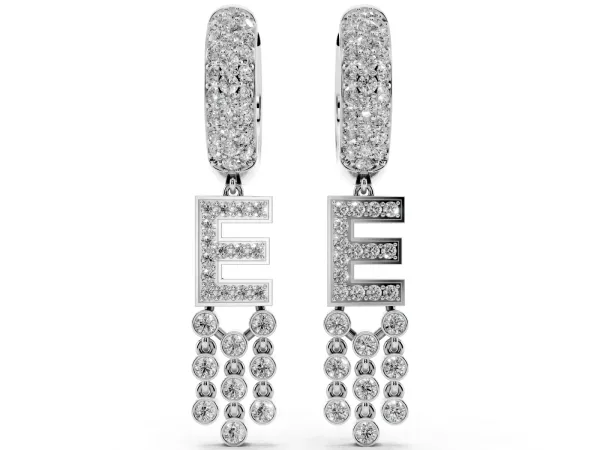 Round Diamond Initial E Huggie Hoop Earrings Platinum