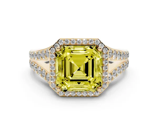 Fancy Yellow Asscher Cut Diamond Split Shank Halo Ring with Four-Prong Setting Yellow gold